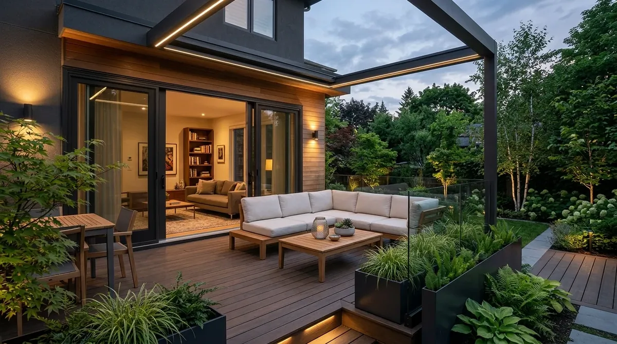 Contemporary back porch with glass doors, modular seating, sleek planters, and blended indoor-outdoor living.
