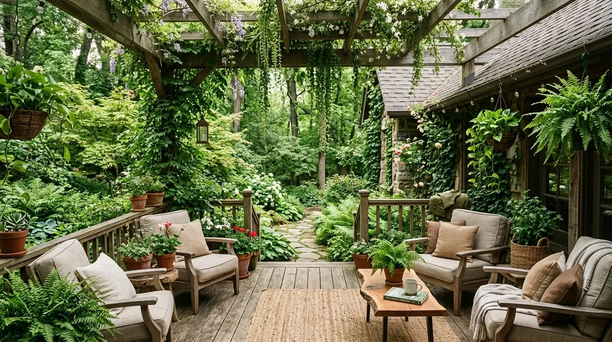 Nature-inspired back porch with wood decking, vines, greenery, and tranquil garden atmosphere.