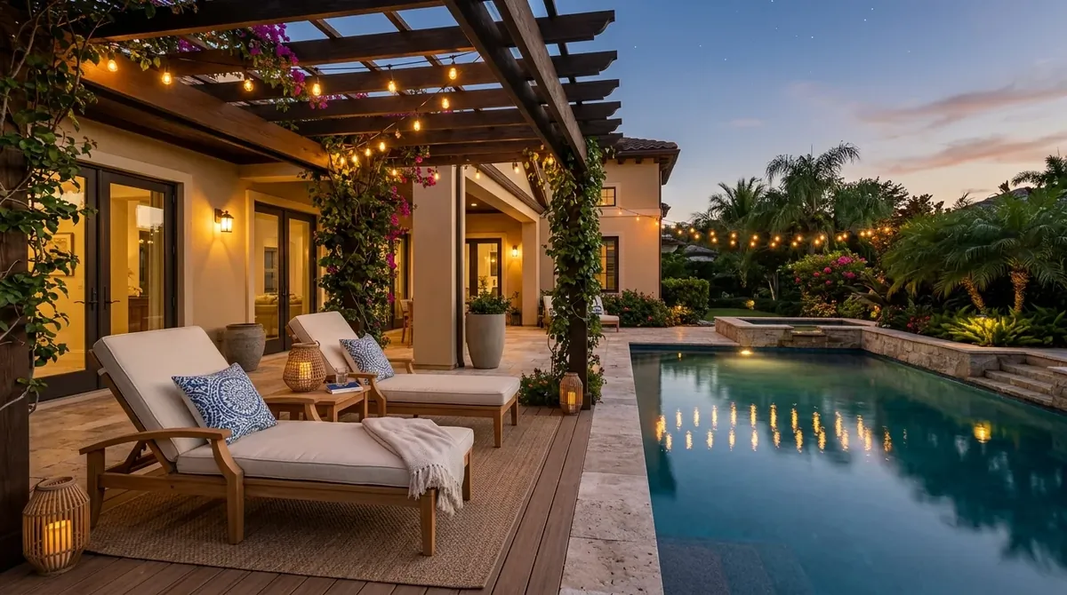 Pool-adjacent porch with pergola shade, lounge chairs, cushions, and resort-like reflected light.