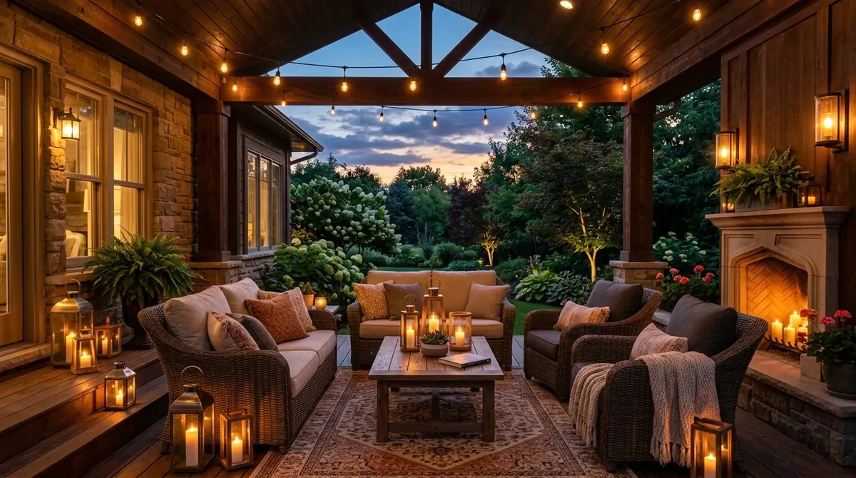 Elegant evening back porch with candle lanterns, plush seating, warm lights, and twilight sky.