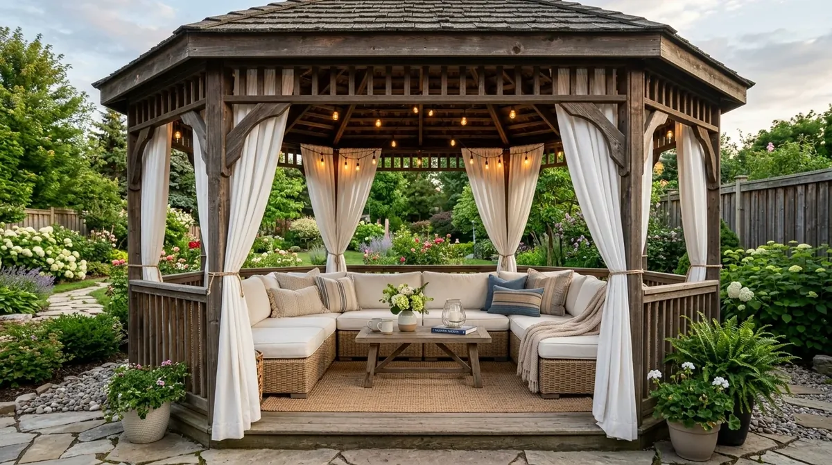 Backyard gazebo with outdoor lounge seating, curtains, lighting, and a shaded relaxing setup.