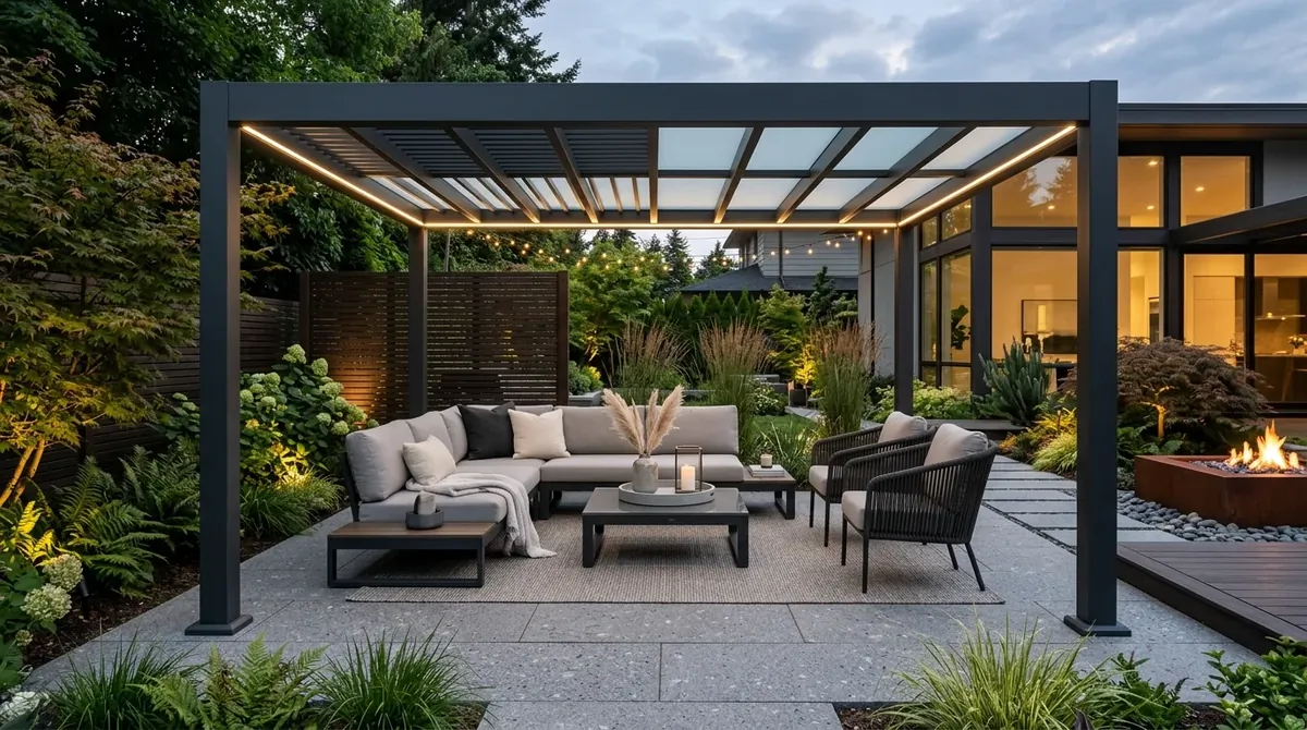 Backyard gazebo with dining table and an easy outdoor entertaining layout.