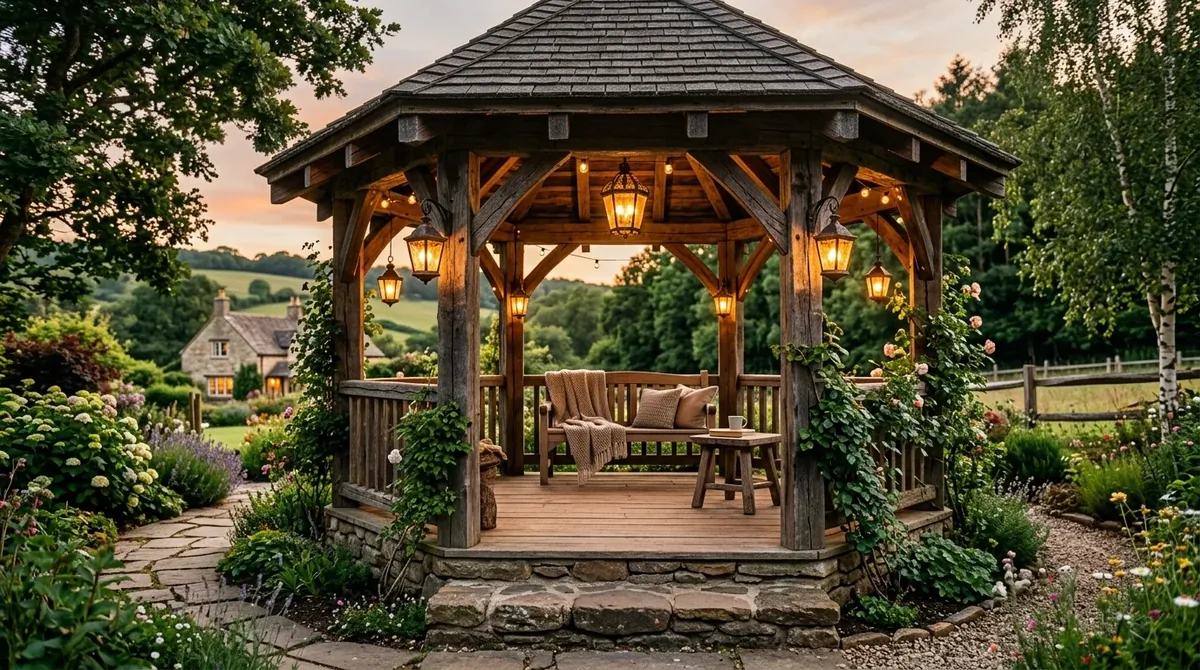 Gazebo with flowing curtains and soft seating creating a tucked-away escape.