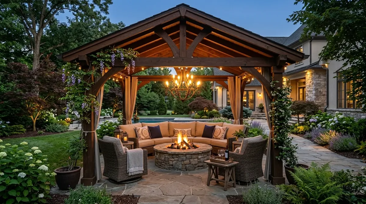 Backyard gazebo with clean lines and uncluttered contemporary styling.