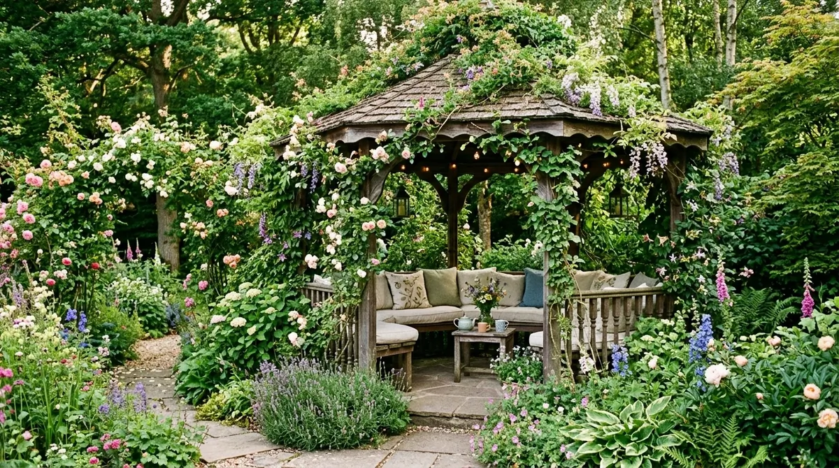 Gazebo with rugs, lanterns, and layered textiles for relaxed outdoor charm.