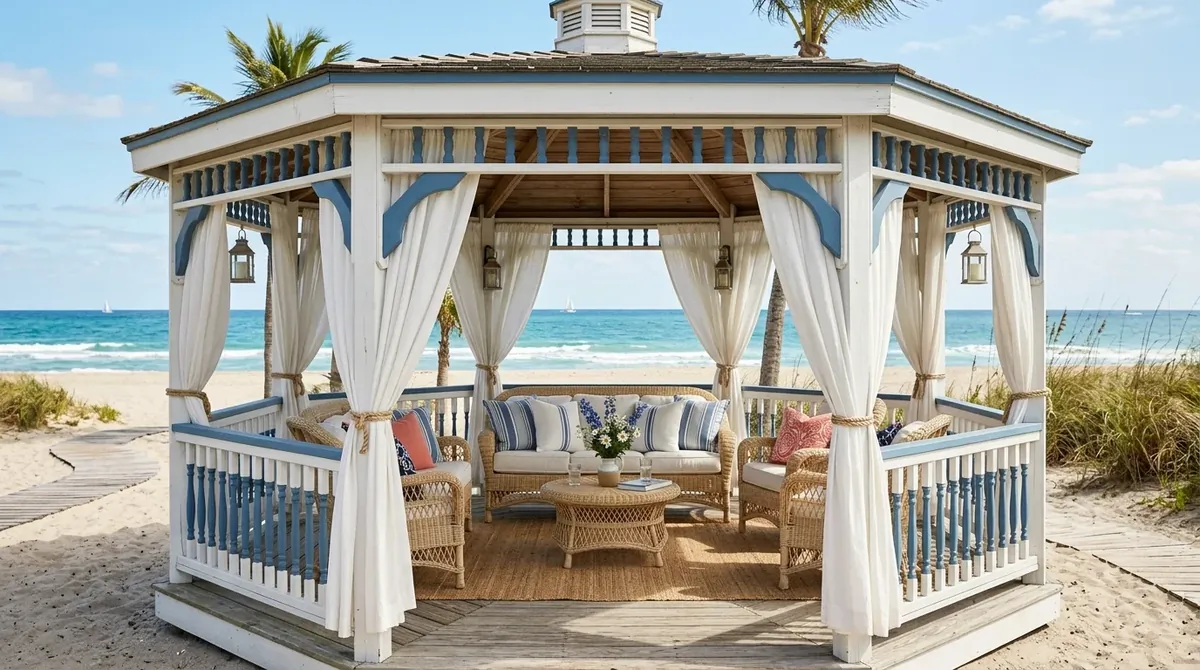 Gazebo surrounded by flowers and greenery creating a peaceful garden focal point.