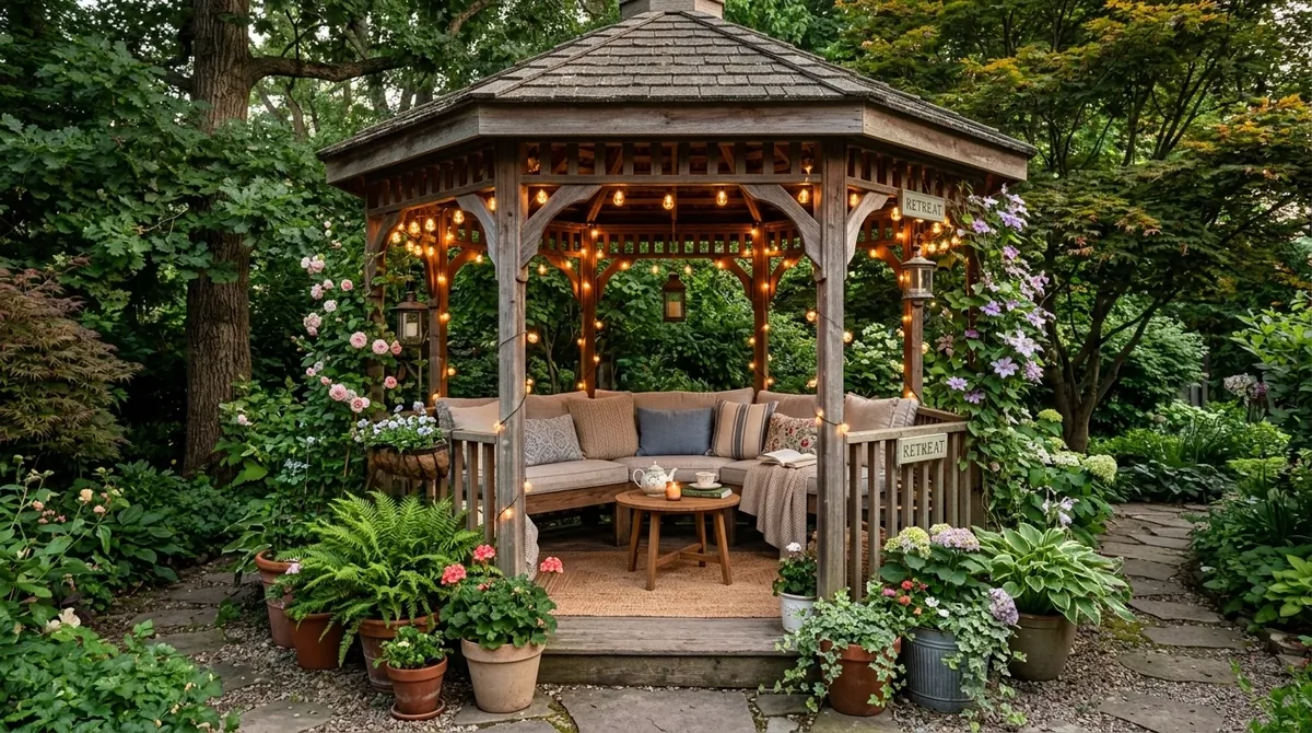 Backyard gazebo connected to fire pit seating for cozy evening gatherings.