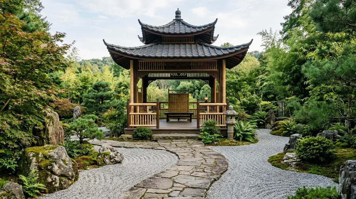 Rustic gazebo with natural wood and warm welcoming outdoor texture.