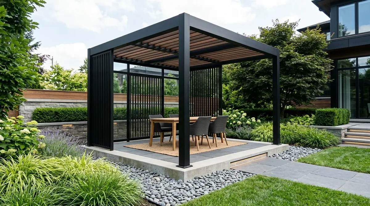 Elegant gazebo with polished furniture and refined evening lighting.