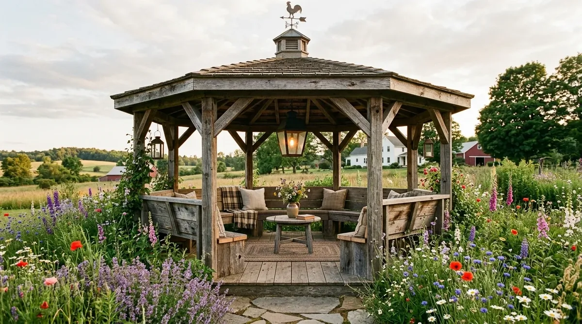 Compact gazebo making the most of a smaller yard with smart seating.