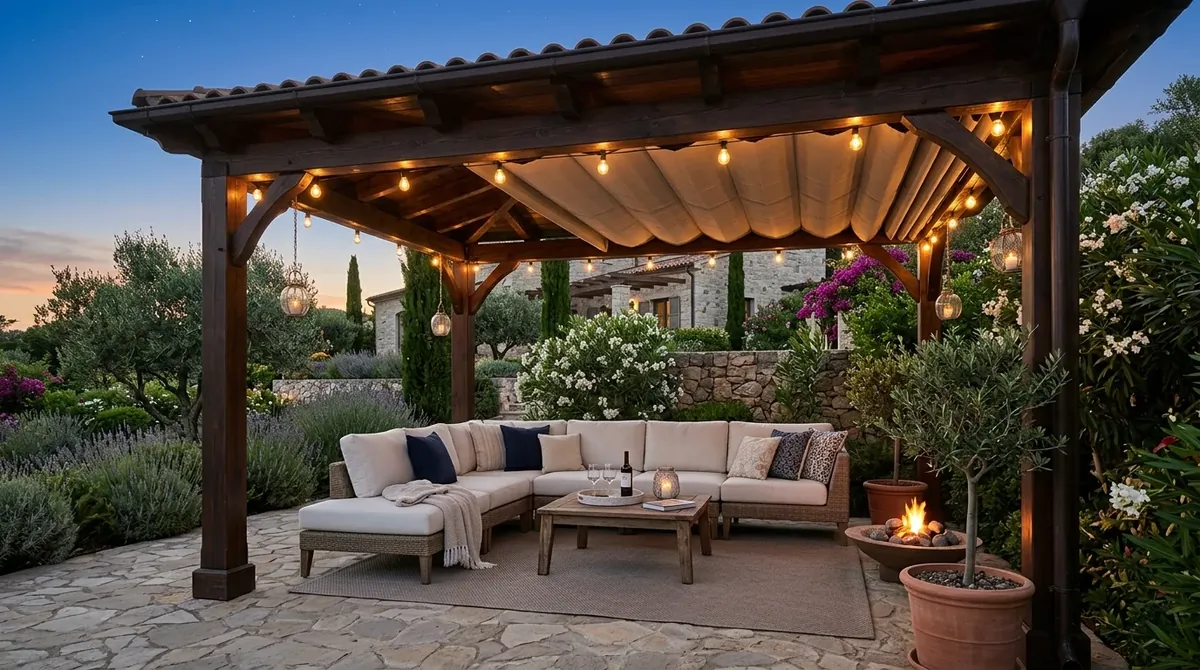 Backyard gazebo glowing with string lights and soft nighttime atmosphere.