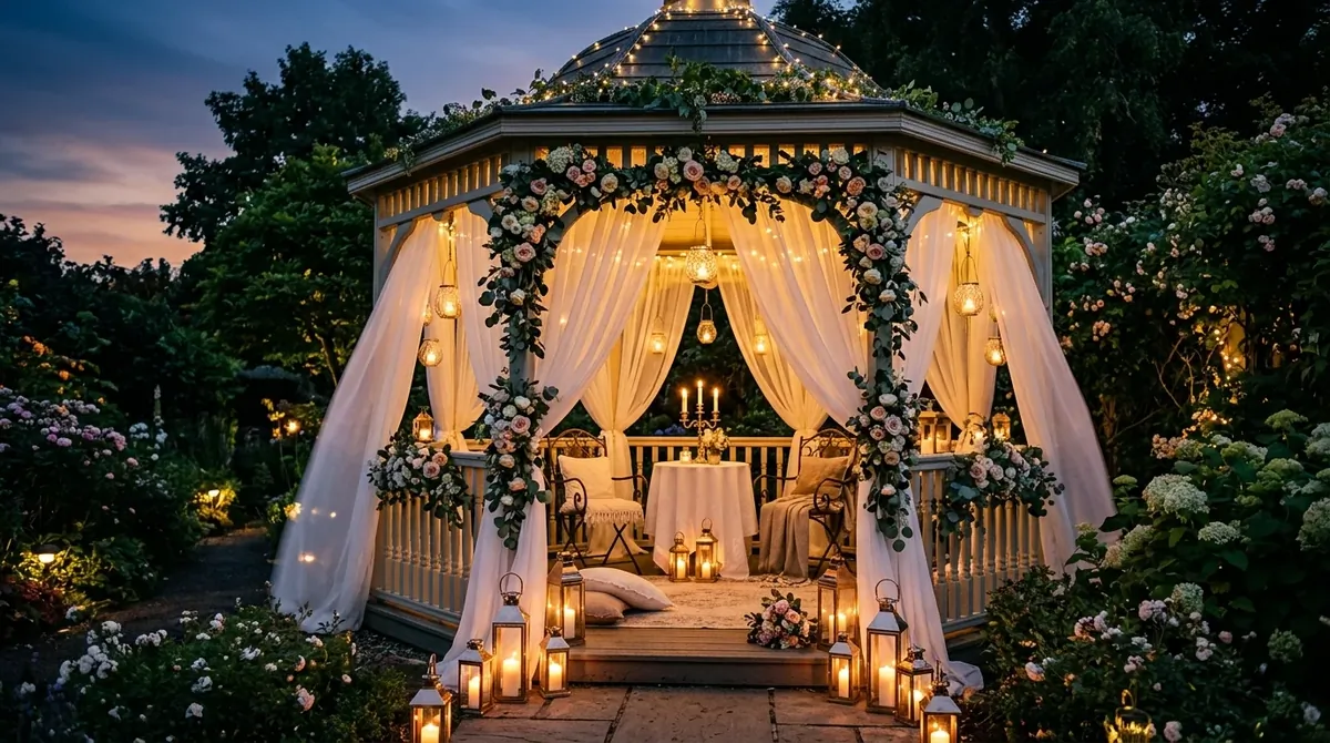 Gazebo sheltering a grill or prep zone for functional shaded entertaining.