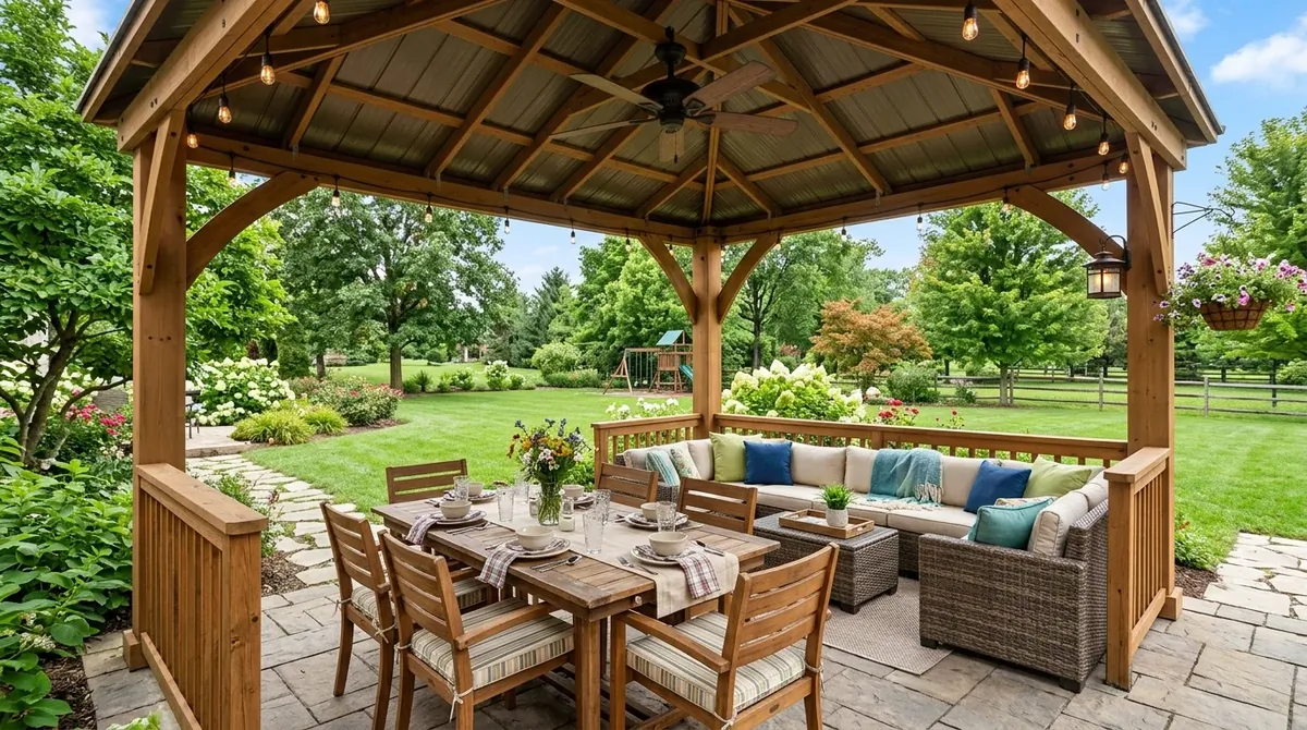 Gazebo styled for year-round use with layered comfort and practical shelter.