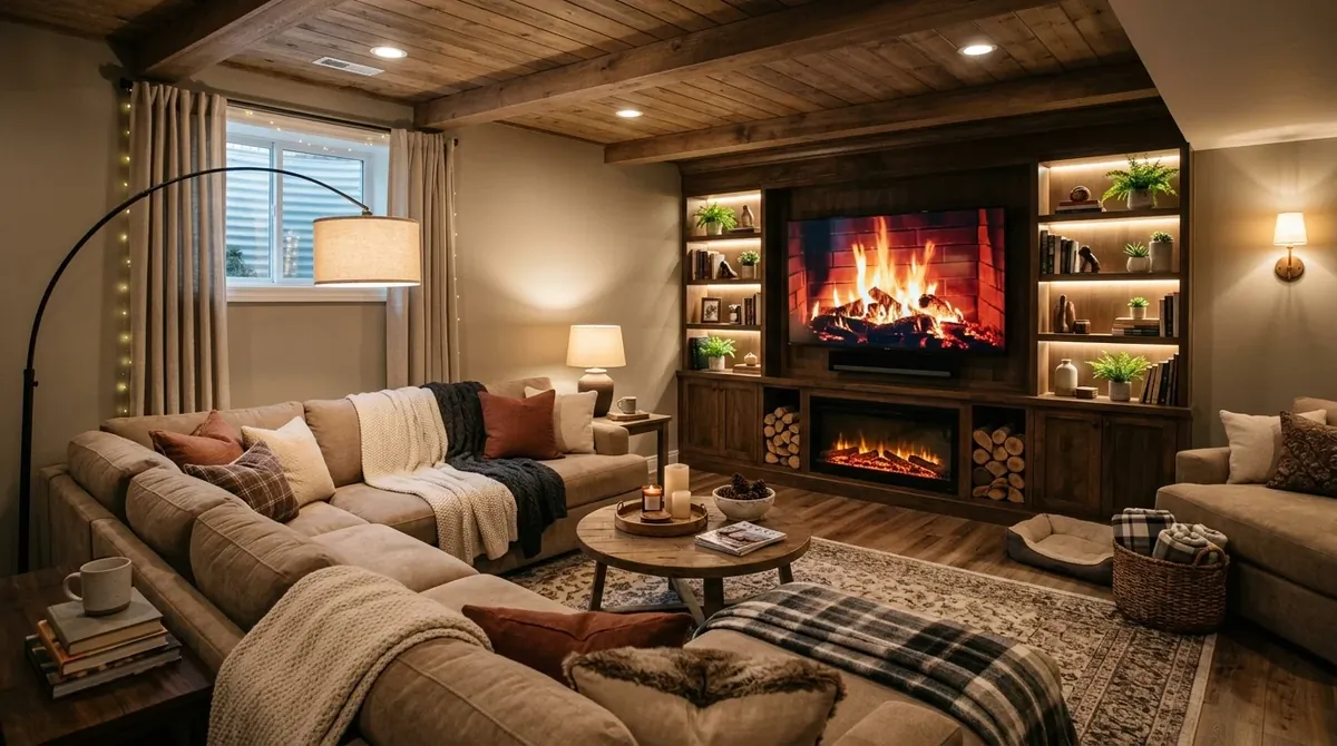 Cozy basement family lounge with sectional sofa, beige tones, media wall, blankets, and warm ambient lighting.