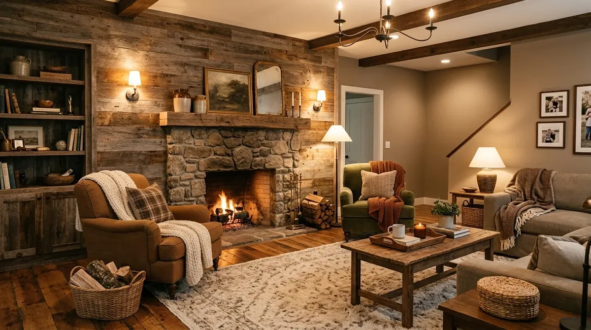 Warm rustic basement with reclaimed wood wall, stone fireplace, plush chairs, wool rug, and golden lighting.