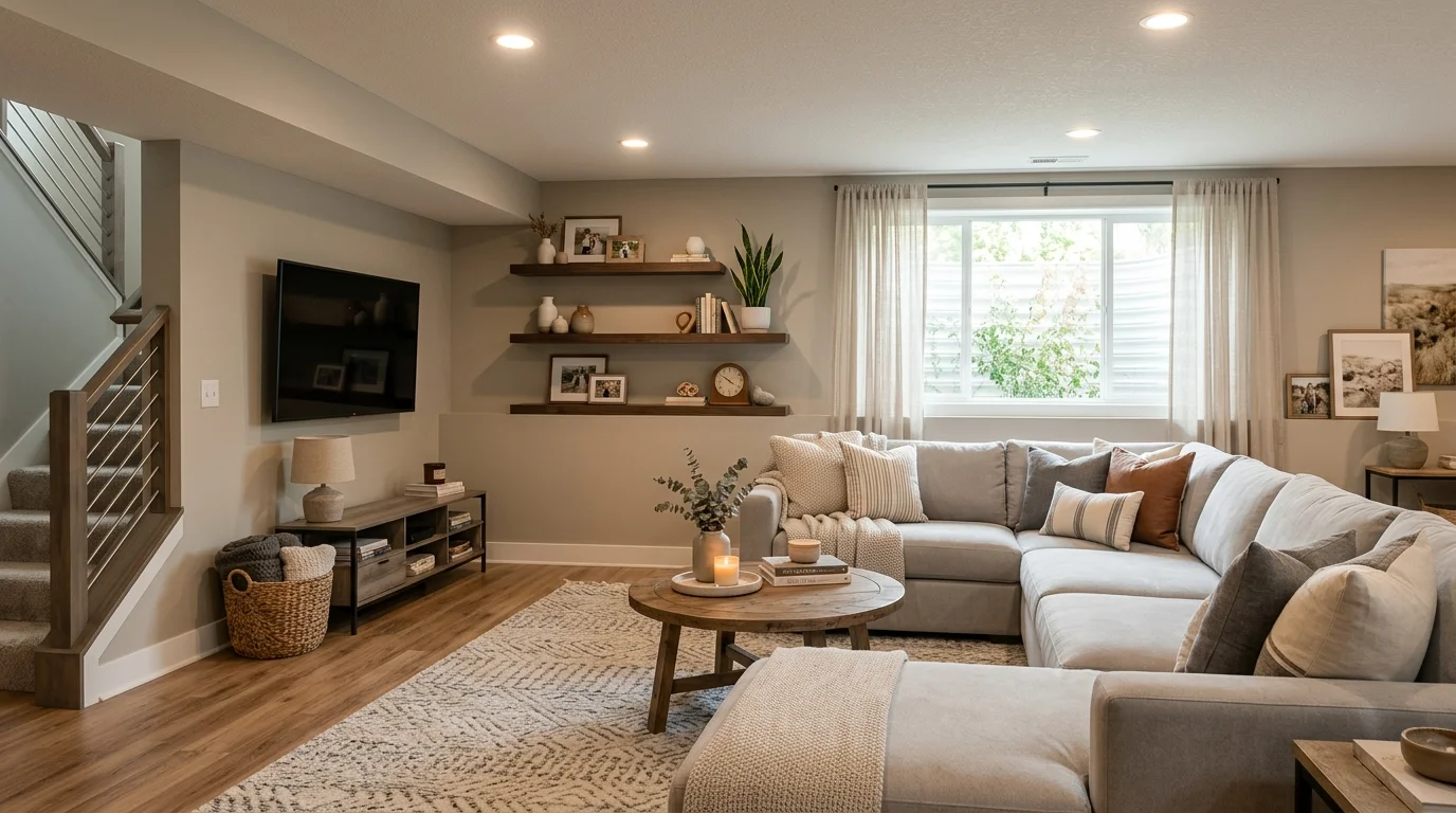 Modern cozy basement with neutral sectional, floating shelves, large rug, recessed lighting, and family decor.
