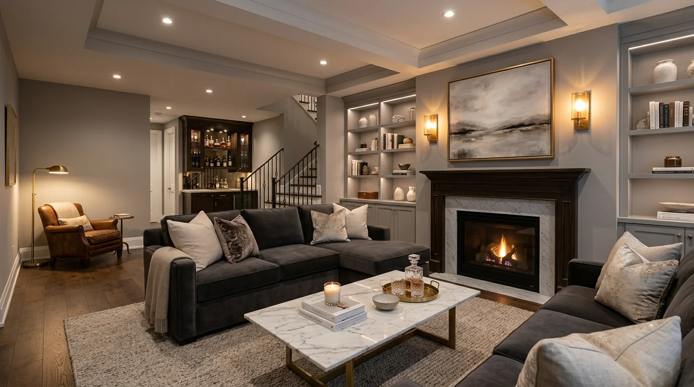 Elegant cozy basement with gray walls, velvet sofa, marble coffee table, sconces, and refined warm lighting.