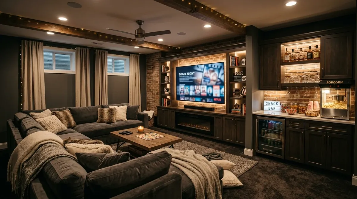 Basement entertainment lounge with sectional, snack bar, TV wall, dimmable lighting, and layered textures.