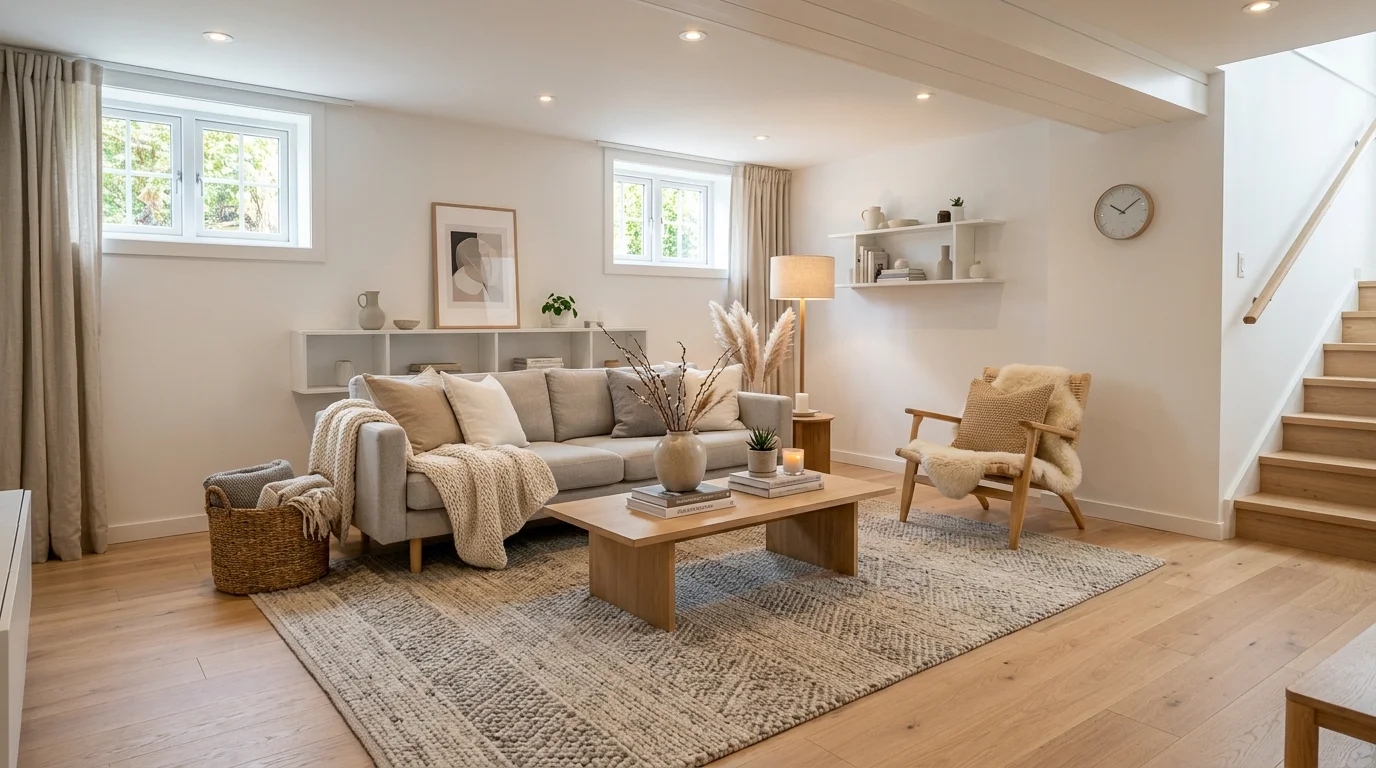 Scandinavian basement with light wood floor, white walls, minimalist furniture, soft textiles, and bright rug.