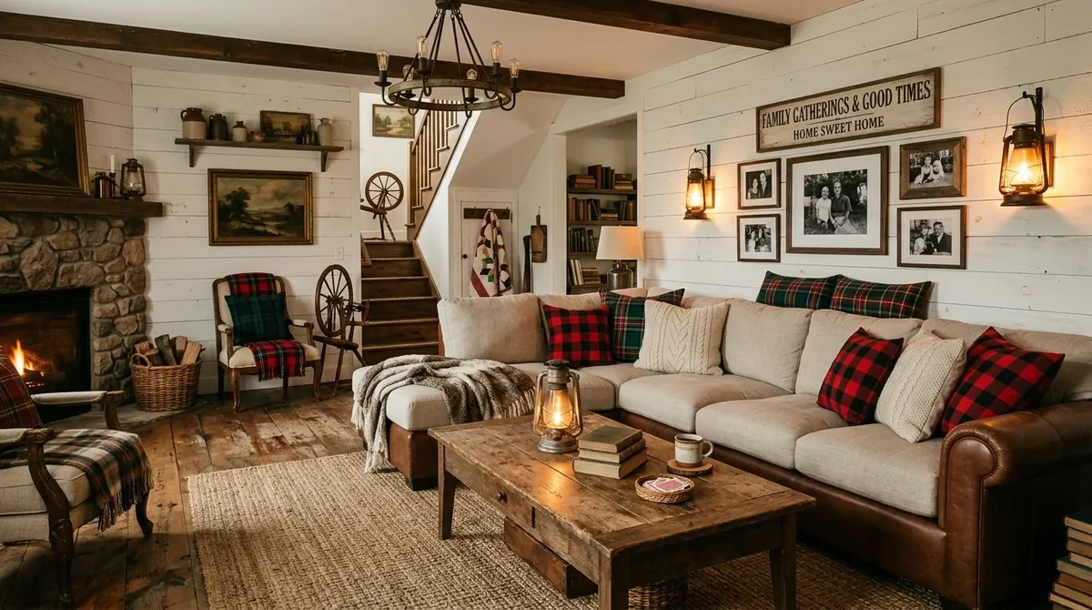 Rustic farmhouse basement with shiplap walls, plaid cushions, wood coffee table, lantern lighting, and vintage touches.