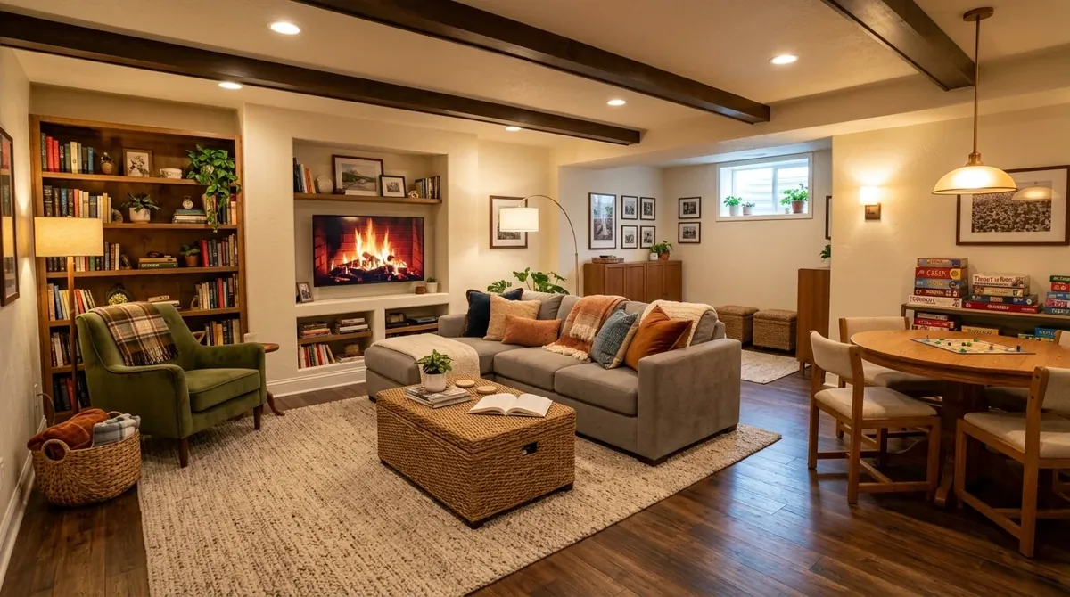 Multi-purpose basement family room with reading corner, game table, couches, ottomans, and warm lighting.