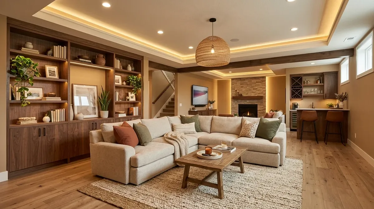 Modern warm basement with earth-tone palette, built-ins, sectional seating, indirect LED light, and open gathering layout.