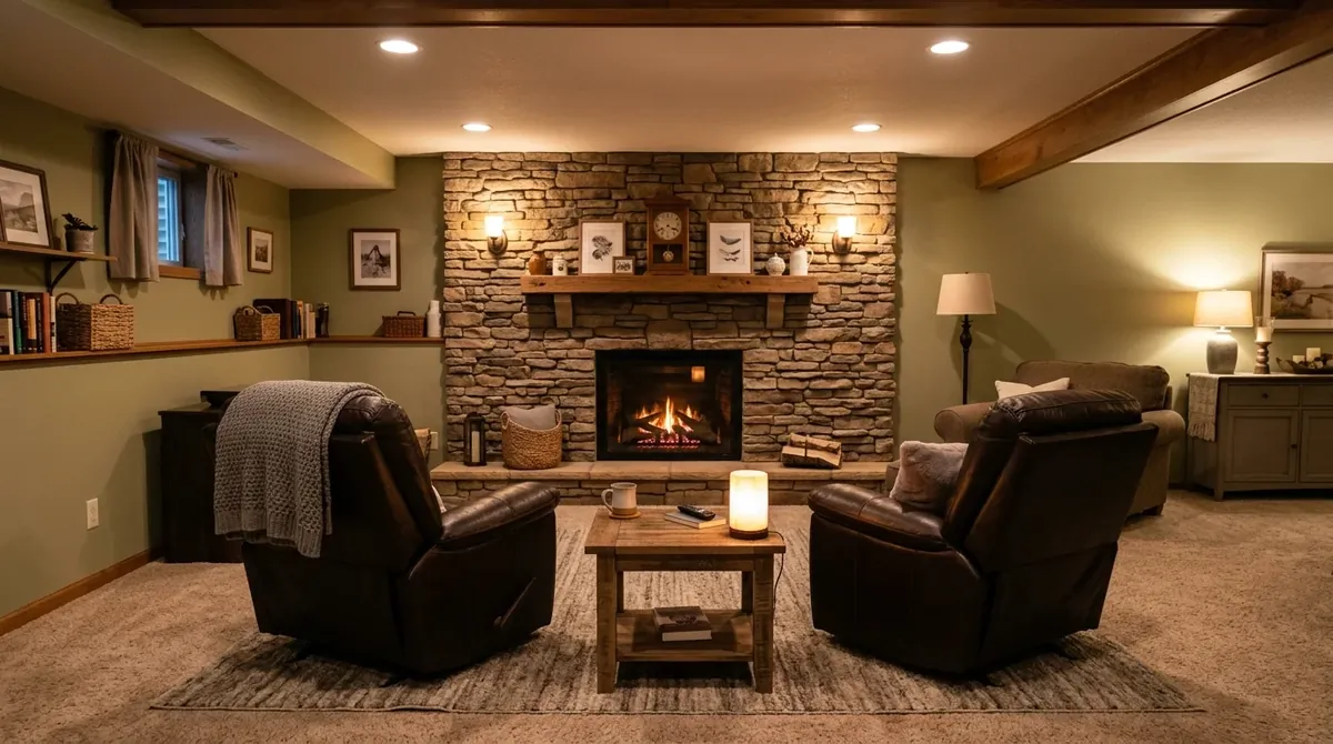 Cozy basement with fireplace wall, recliners, carpet floor, warm ambient light, and intimate family room feel.