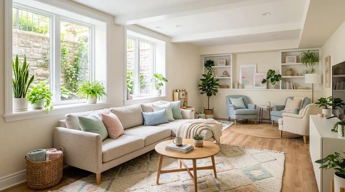 Bright basement family space with large window wells, pastel decor, comfy seating clusters, plants, and airy welcoming styling.