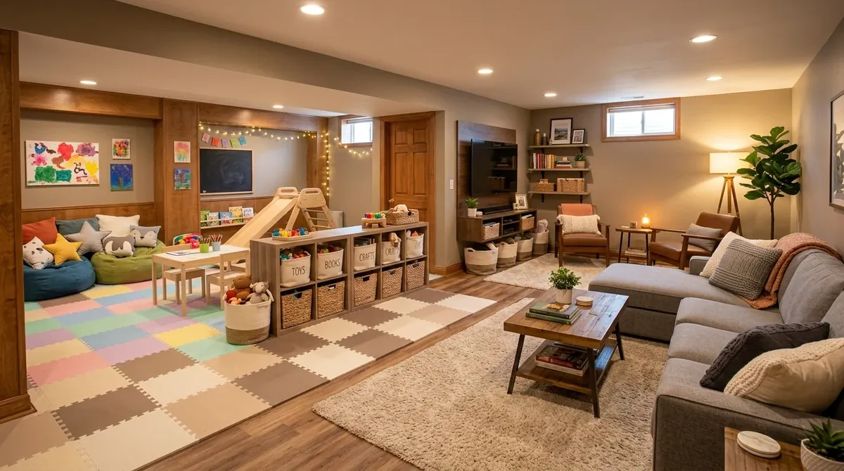 Basement lounge with kids play zone, adult seating, foam rugs, storage baskets, and organized multifunctional layout.