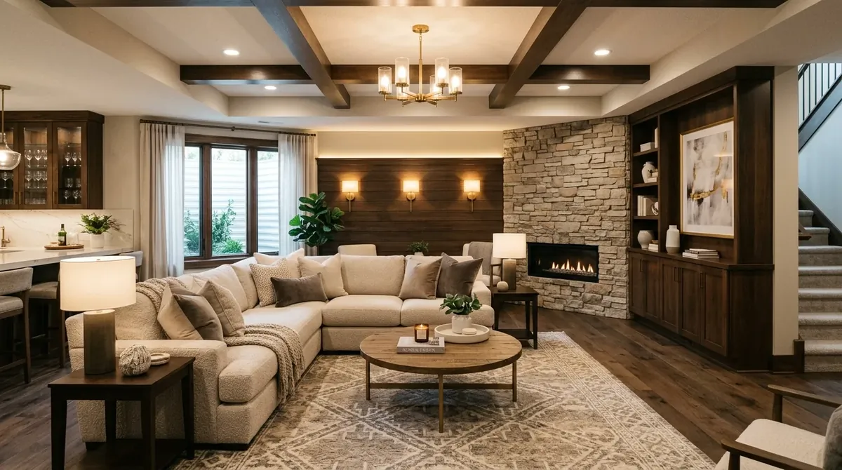 Luxury cozy basement with plush sectional, textured accent walls, elegant fixtures, and refined neutral family gathering space.