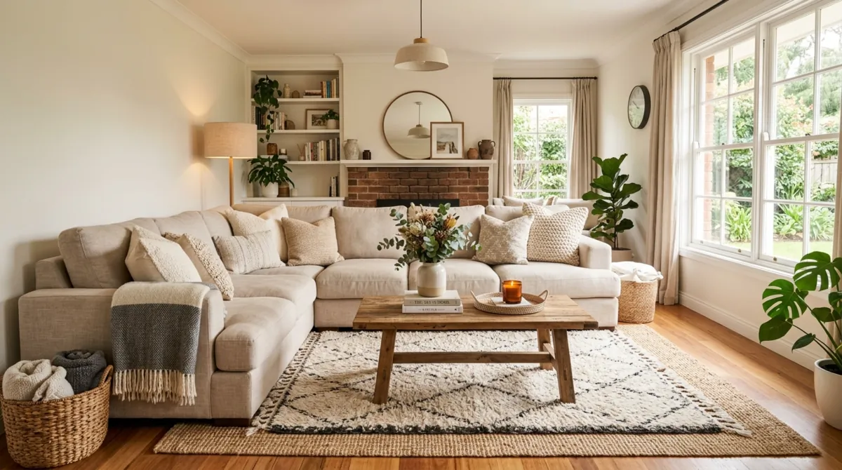 Inviting family room with large sectional, neutral cushions, wood coffee table, layered rugs, and daylight.
