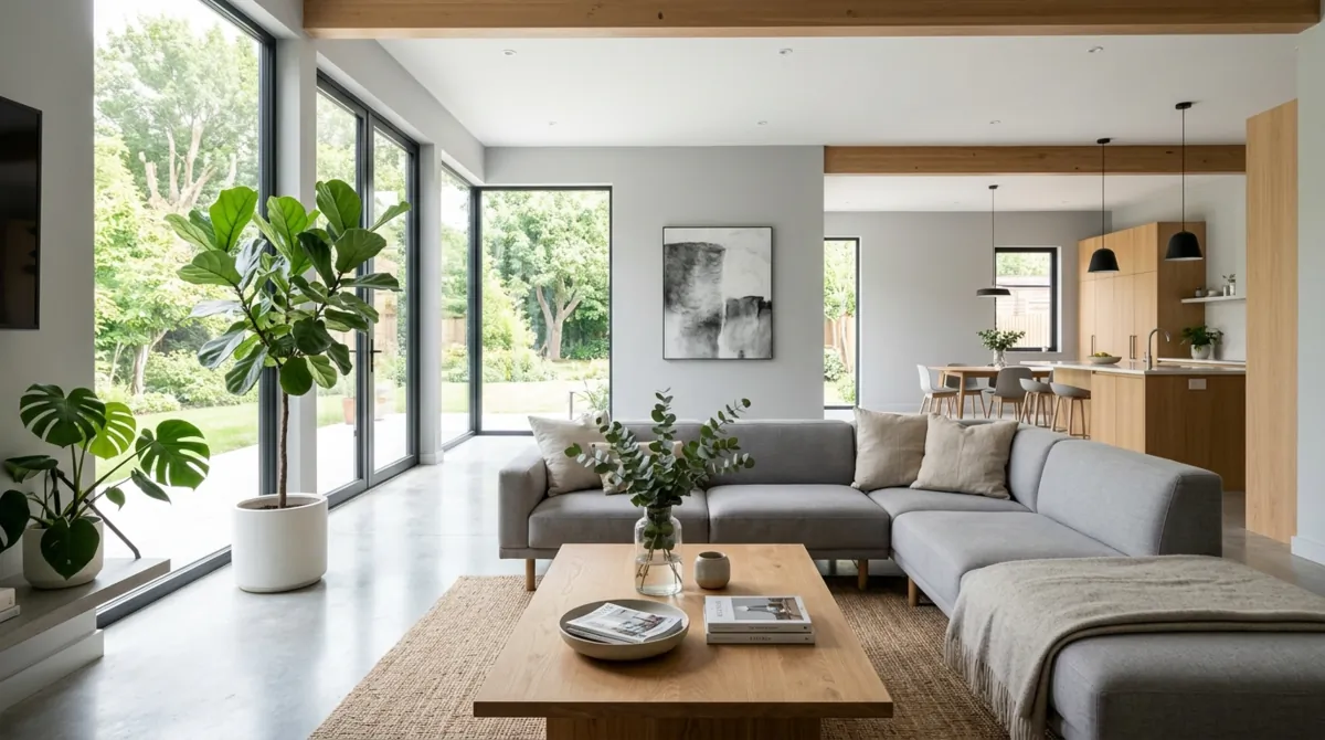 Modern family room with open layout, minimal furniture, gray tones, plants, and large windows.