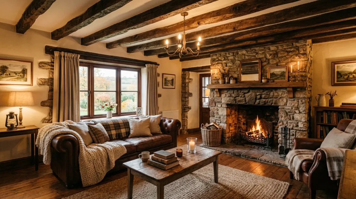 Rustic family room with beams, stone fireplace, leather sofa, blankets, and golden light.
