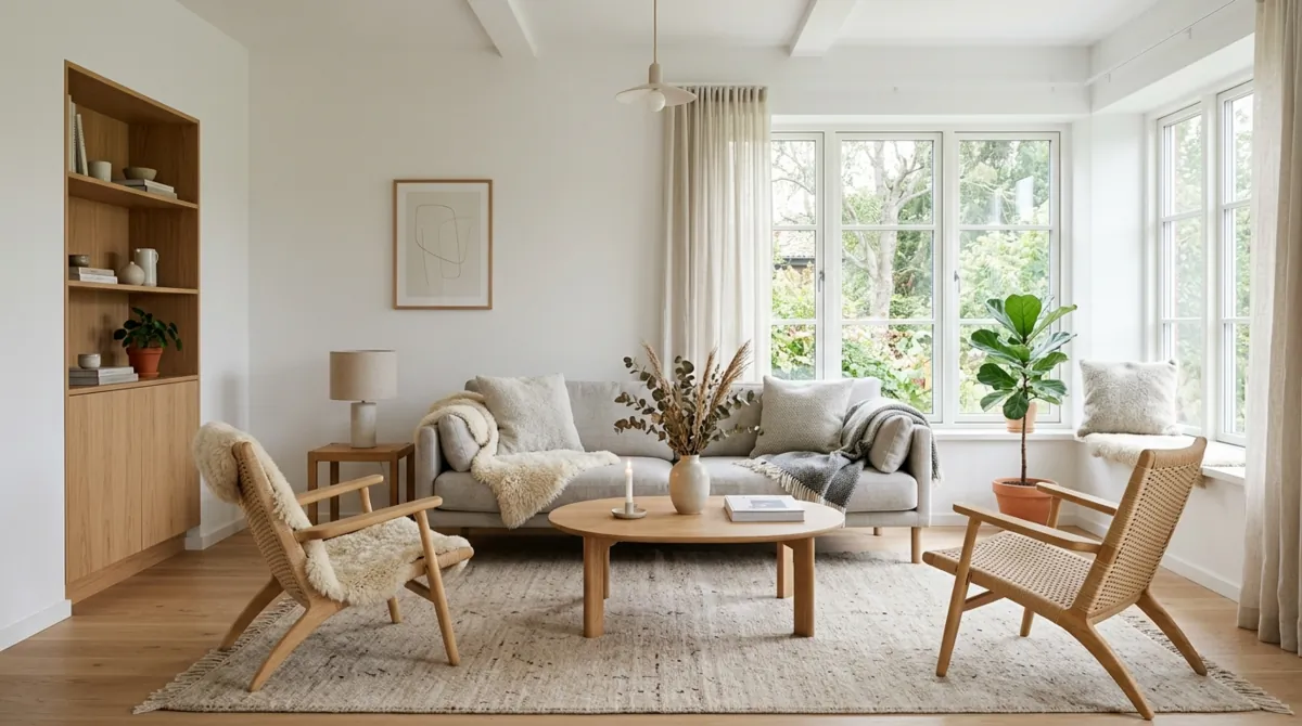 Scandinavian family room with light wood furniture, white walls, wool textiles, and daylight.
