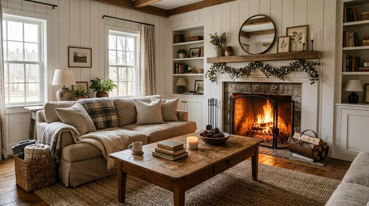 Farmhouse family room with shiplap, oversized sofa, vintage wood table, and fireplace glow.
