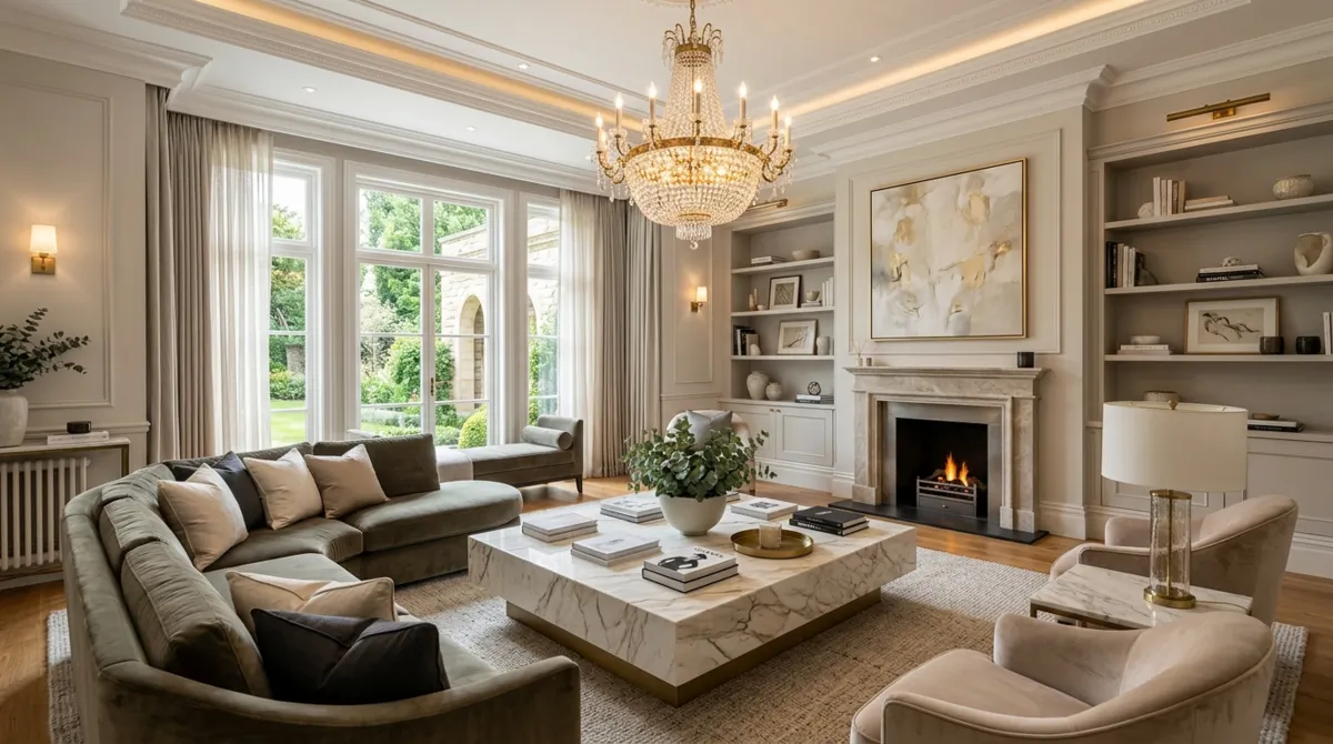 Luxury family room with velvet seating, marble table, chandelier, and neutral palette.