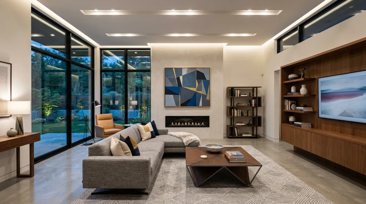 Contemporary family room with sleek furniture, abstract art, recessed lighting, and clean design.