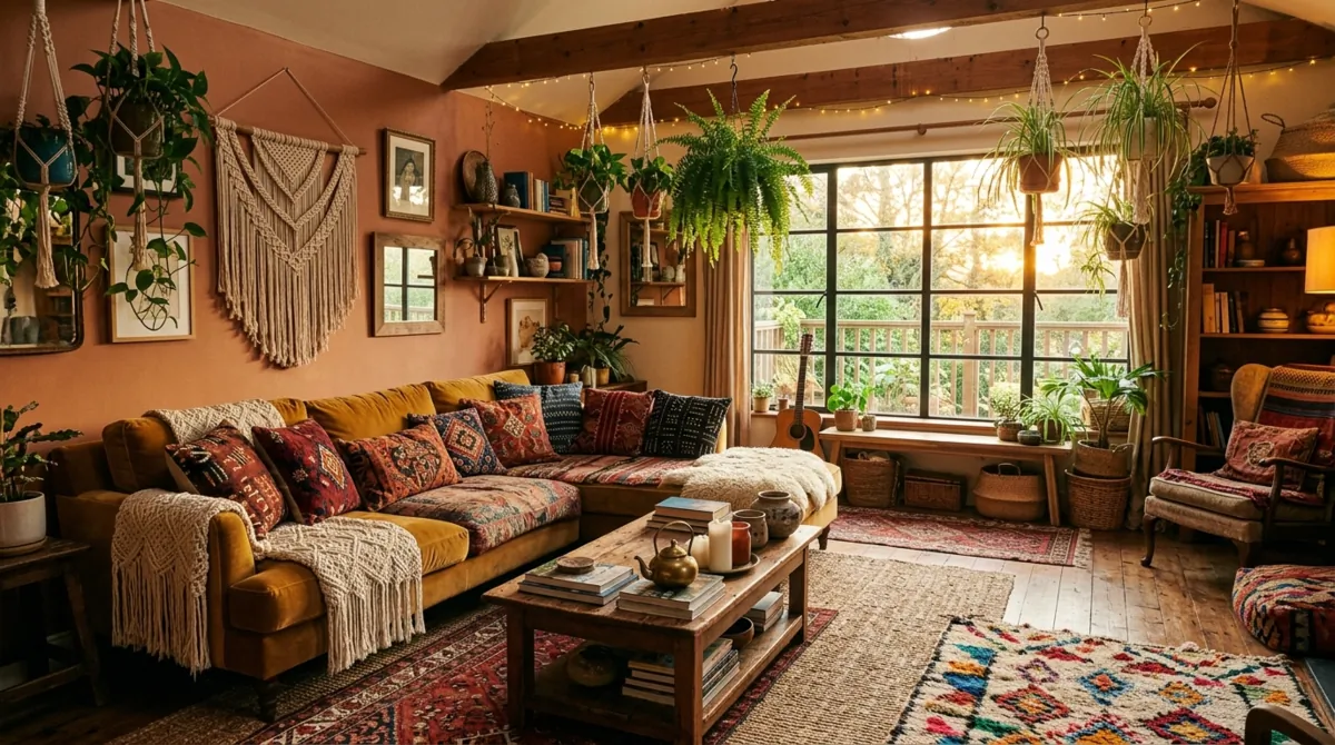 Bohemian family room with layered rugs, eclectic cushions, hanging plants, and earthy tones.