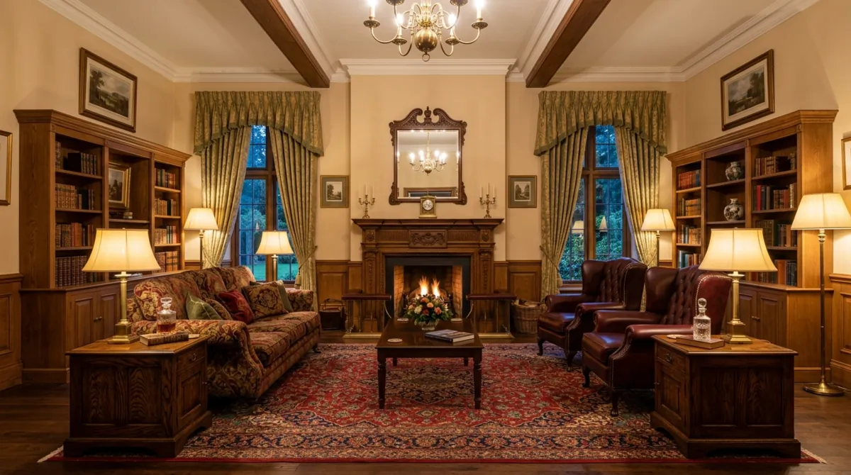 Traditional family room with classic furniture, symmetrical layout, wood tones, curtains, and lamps.