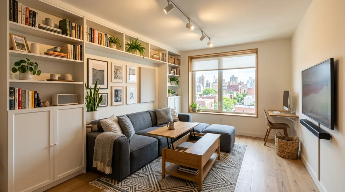 Compact family room with modular seating, built-in shelves, and bright functional lighting.