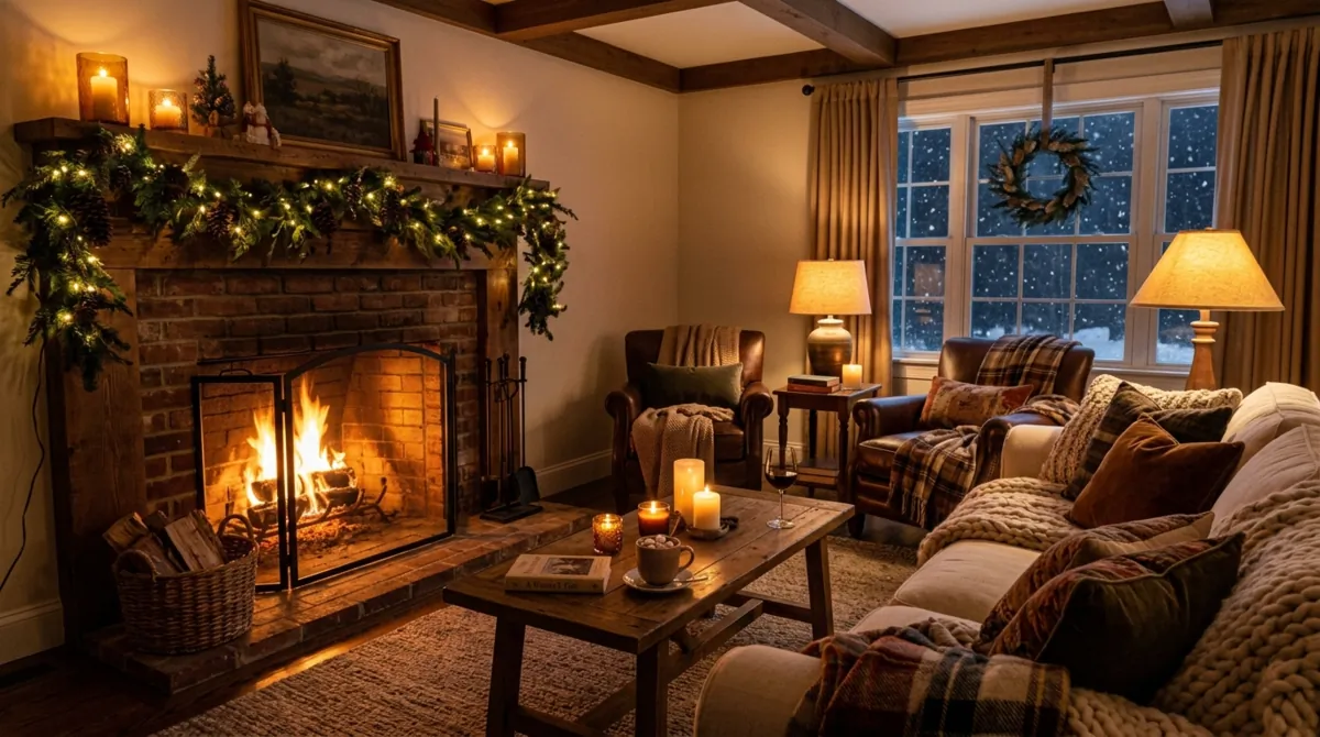 Winter family room with plush blankets, glowing fireplace, candles, and amber lighting.