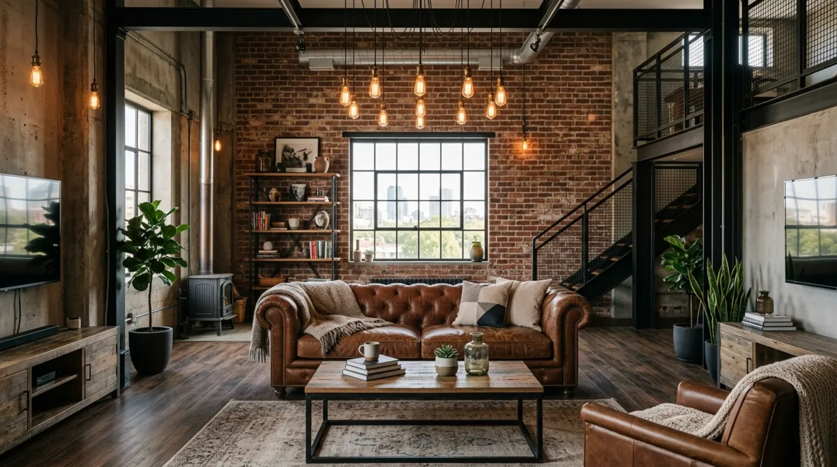 Industrial family room with brick walls, black metal accents, leather sofa, and Edison bulbs.