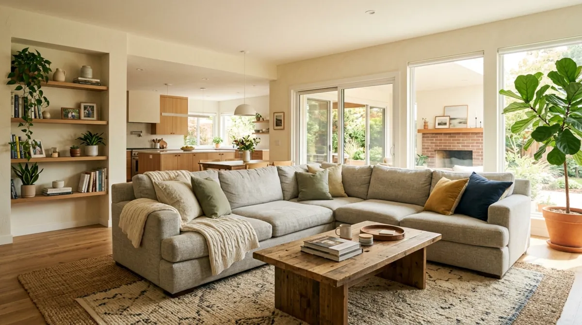 Bright family room with sectional seating, open-plan design, greenery, and sunlight.