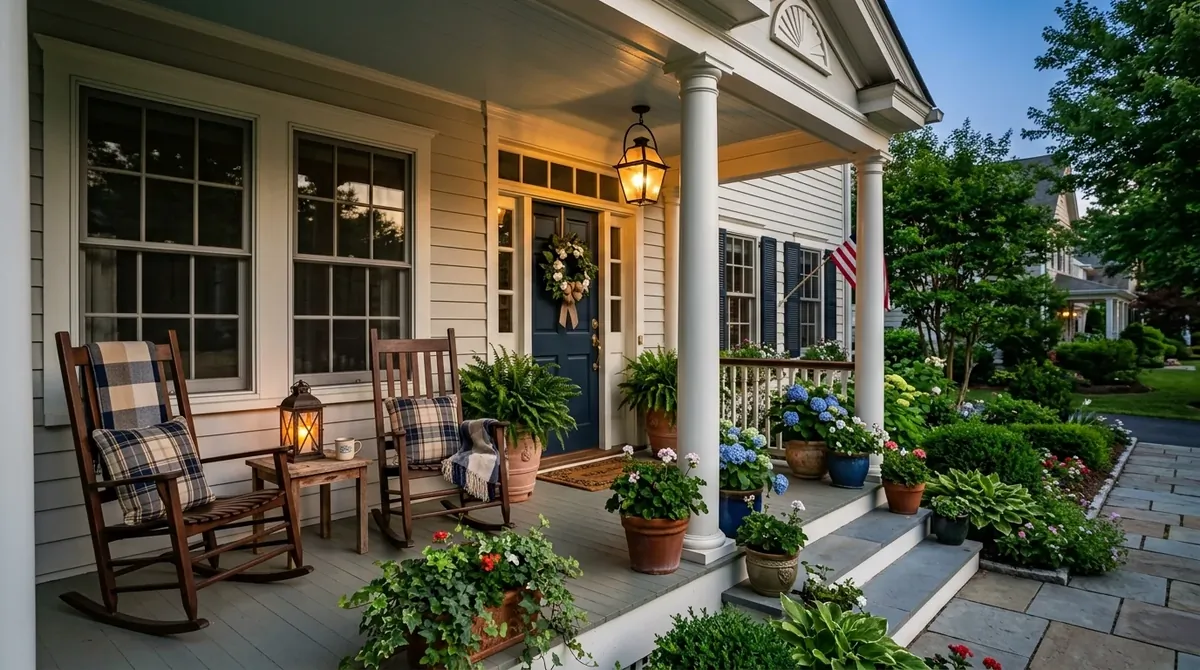 Inviting front porch with white columns, rocking chairs, lantern lighting, and potted greenery.