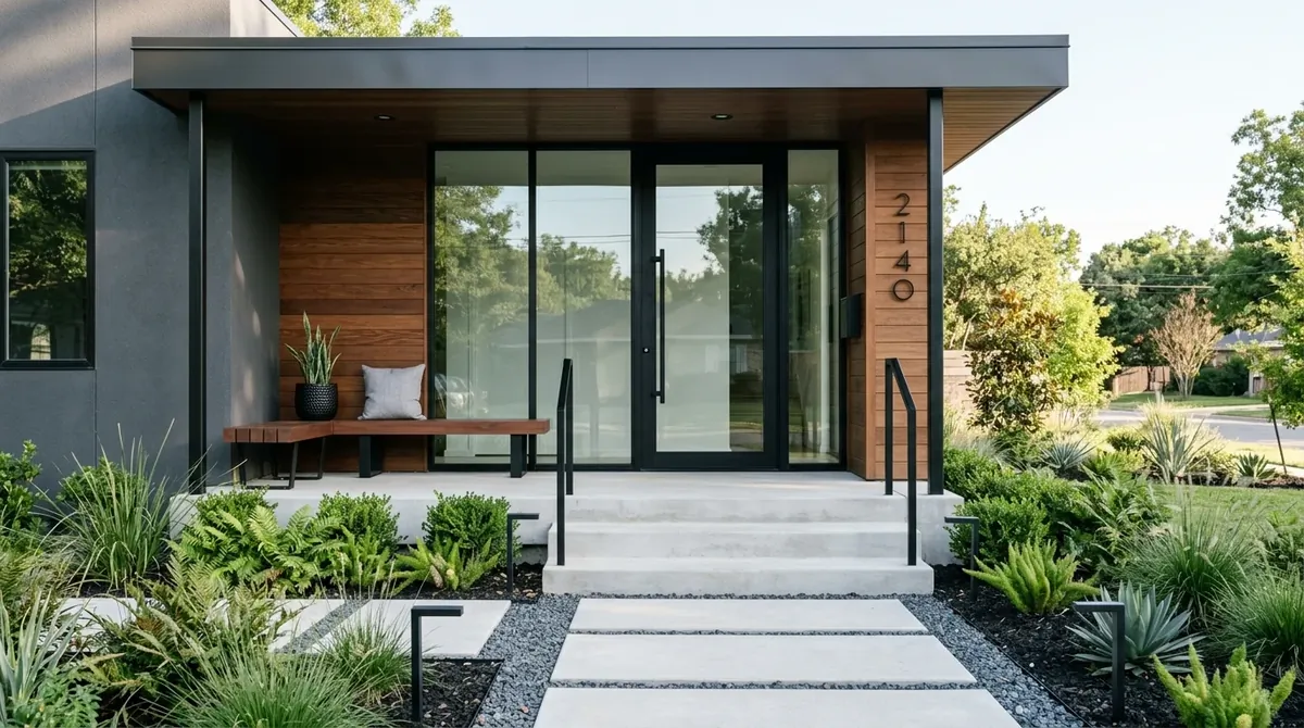 Modern front porch with black-framed glass door, minimal bench, concrete steps, and clean landscaping.