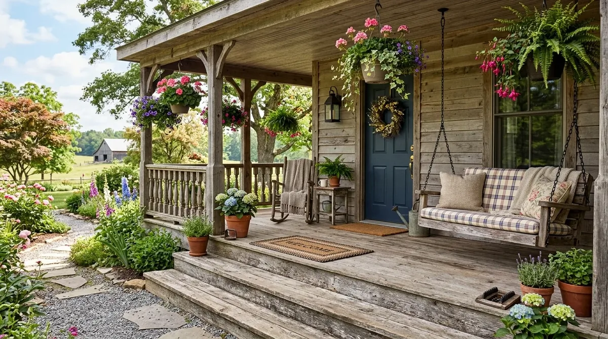Farmhouse porch with wide wood steps, rustic swing, hanging flower baskets, and weathered accents.