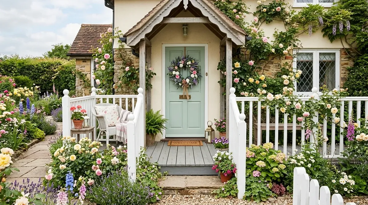 Cottage porch with pastel door, white railings, wreath, and blooming garden beds.