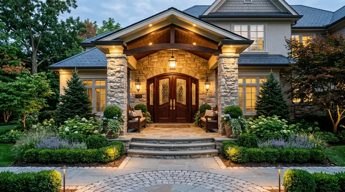Luxury porch with stone columns, double wood doors, symmetrical landscaping, and elegant exterior light.