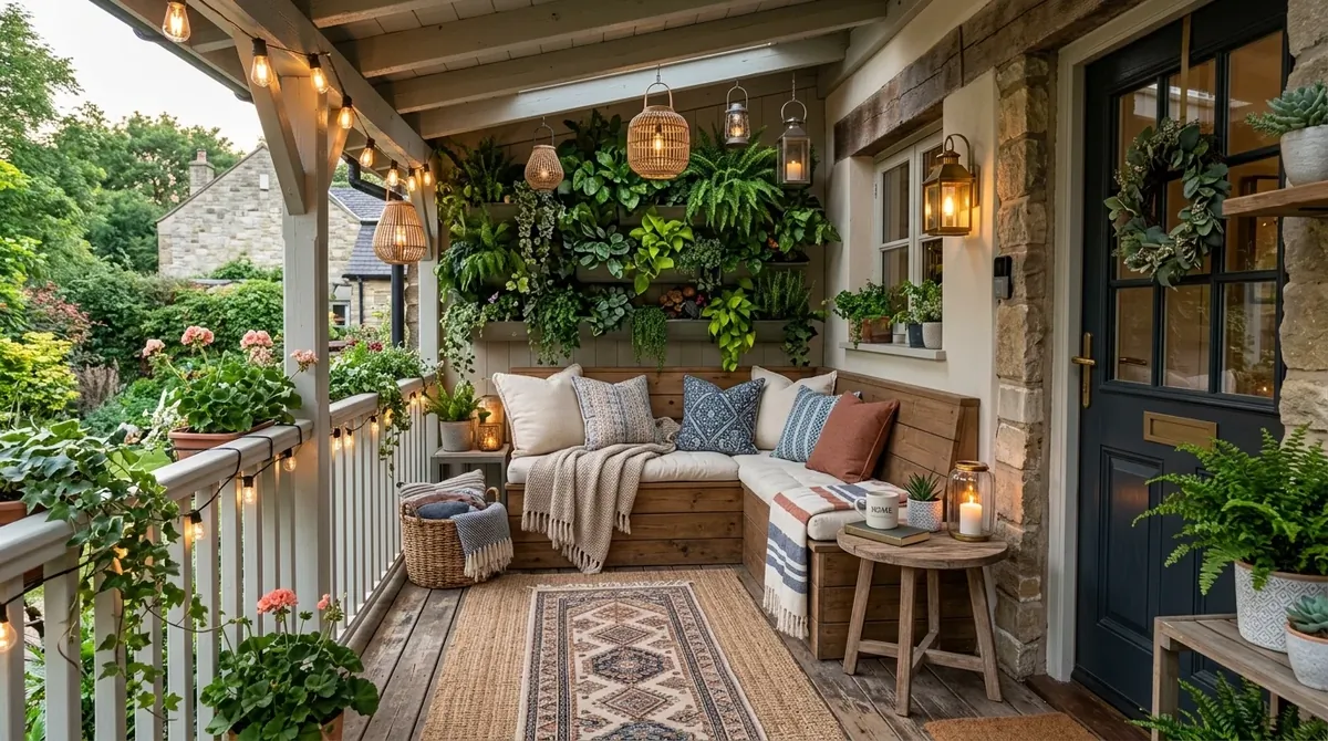 Small cozy porch with bench seating, outdoor rugs, lanterns, and vertical plant wall.