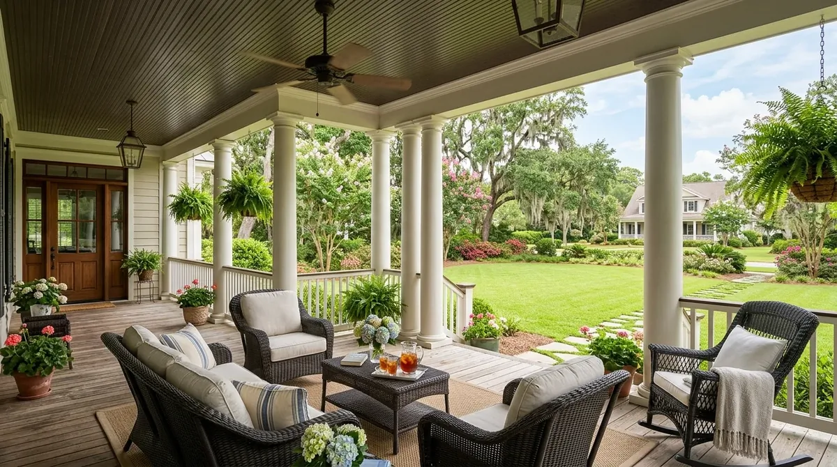 Southern-style porch with tall pillars, ceiling fan, wicker seating, and manicured lawn outlook.